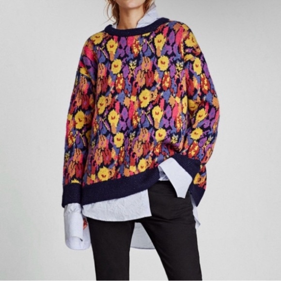 Zara Chunky Floral Jaquard Colorful Sweater Oversized Baggy Loose Bold Retro M - Picture 7 of 14